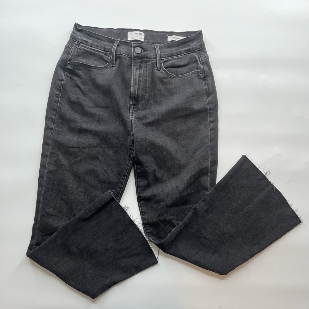 FRAME Womens 27 Jeans Black Le High Flare Roxy Raw Hem Whiskered Stretch Denim